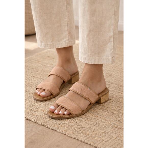 TOMS Shoes - TOMS Suede Slide Sandals Womens 9 Tan Double Strap Block Heel Casual Wood Heel